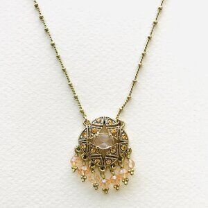 Vintage Monet Gold-Tone Medallion Necklace w/ Rhinestones & Dangling Beads